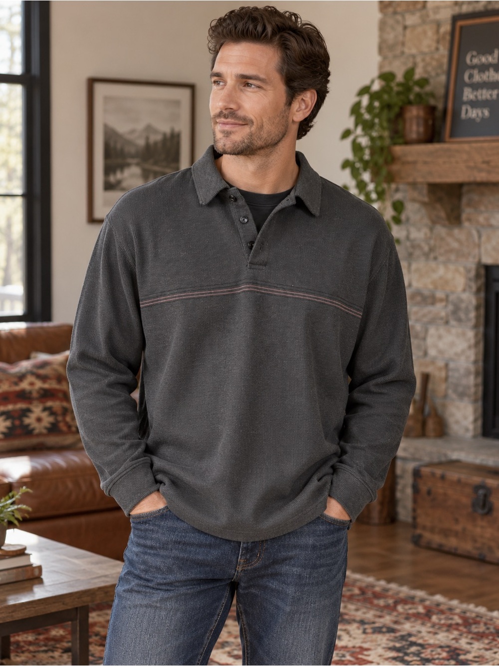 Haggar Men’s L/G Black Charcoal Long Sleeve Polo Pullover Cotton Blend